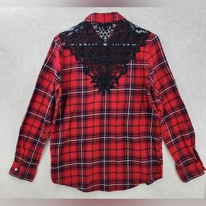 Express Red Plaid Flannel Oversized Women's Size Small Crochet Back Detail